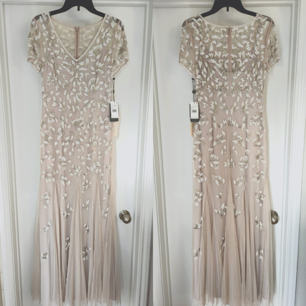 NWT Adrianna Papell Short Sleeve Mermaid Dress Sequin Biscotti 6